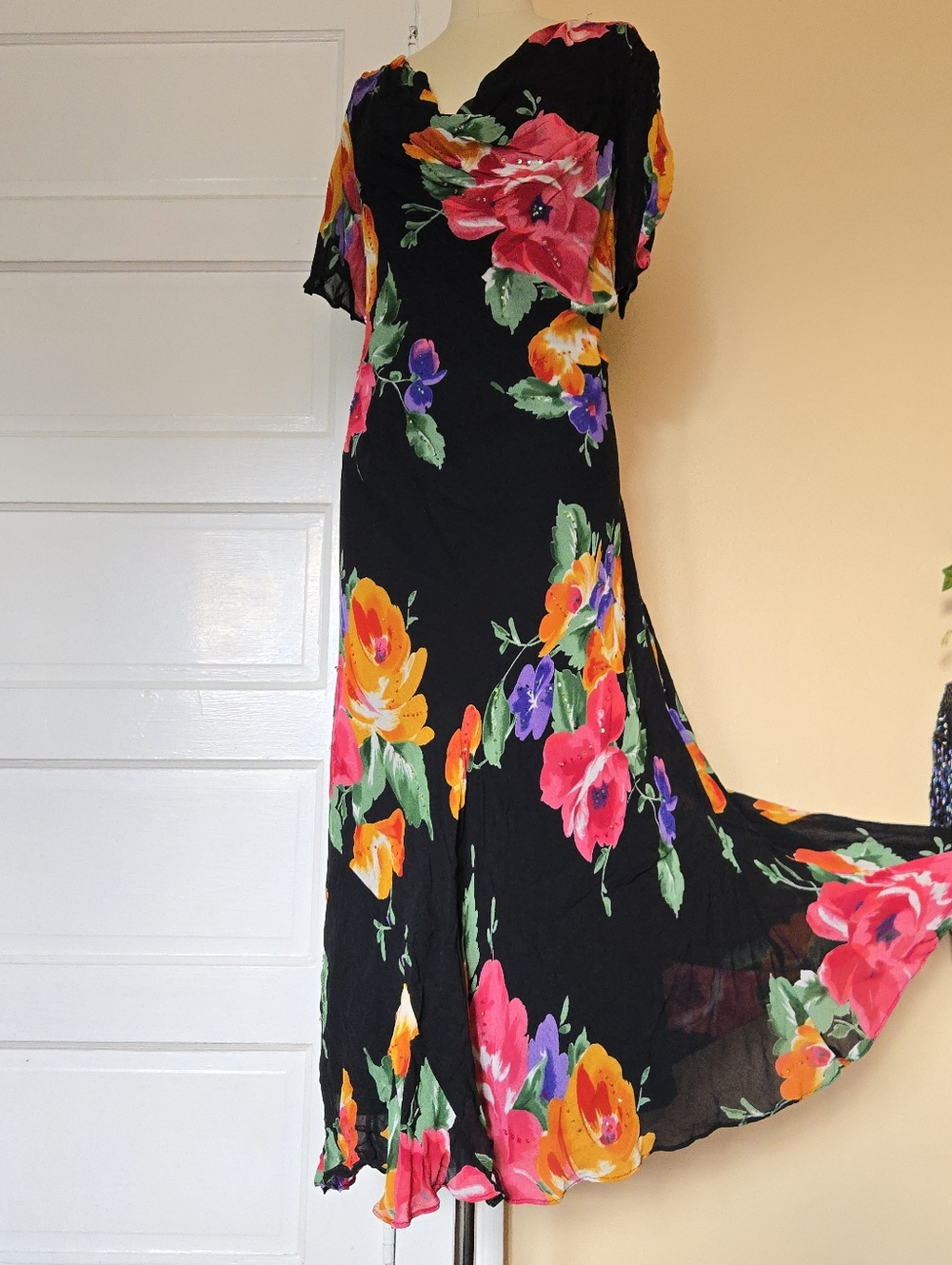 Black floral bias cut maxi dress with sequins, cowl neck | Glamor Angel